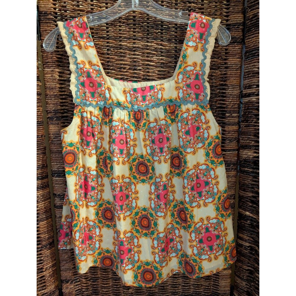 Anthropologie Let Me Be Abstract Ruffled 12 Crochet Lace Square Neck Apron Tank